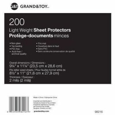 Grand & Toy - Pochette protectrice 98216 - largeur de 9,2 po (233,7 mm) x longueur de 11,2 po (284,5 mm) x épaisseur de 2 mil (0,05 mm) - Feuille, Document Capacité - Pour format lettre 8 po (203,20 mm) x 11 po (279,40 mm) Feuilles - 3 xsTrous - 3 Anneaux - Reliure à anneaux - Cha LIGHTWEIGHT  LETTER NON GLARE 3 HOLE PUNCHED  TOP LOAD