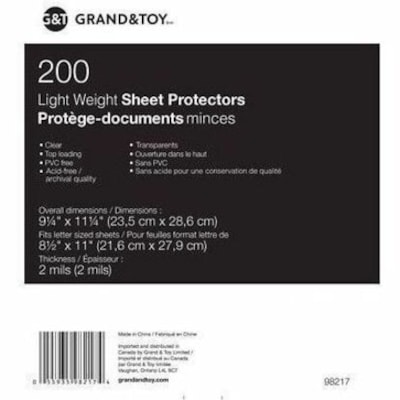 Grand & Toy - Pochette protectrice 98217 - largeur de 9,2 po (233,7 mm) x longueur de 11,2 po (284,5 mm) x épaisseur de 2 mil (0,05 mm) - Feuille, Document Capacité - Pour format lettre 8 1/2 po (215,90 mm) x 11 po (279,40 mm) Feuilles - 3 xsTrous - 3 Anneaux - Reliure à anneaux - LIGHTWEIGHT  LETTER  CLEAR 3 HOLE PUNCHED  TOP LOAD