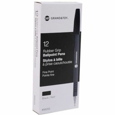 Grand & Toy Rubber Grip Ballpoint Stick Pens, Black, Fine, 12/Box - Fine Round Pen Point - Black Ink - Black Barrel - 12 / Box RUBBERIZED BARREL USES 97824 REFILL ROUNDEDGE