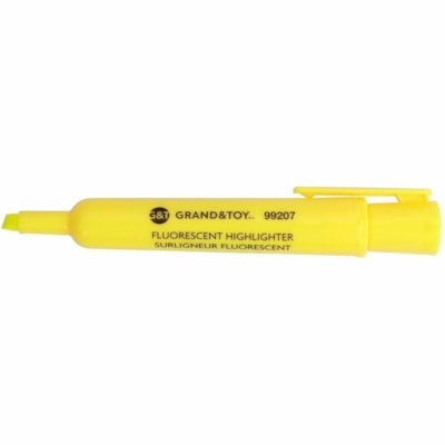 Grand & Toy Fluorescent Highlighters, Fluorescent Yellow, Chisel Tip, 12/BX - Chisel Marker Point - Fluorescent Yellow Ink - Fluorescent Yellow Barrel - 12 / Box USE ON FAX/NCR/PHOTOCOPY & REGULAR PAPER NON TOXIC W/CLIP
