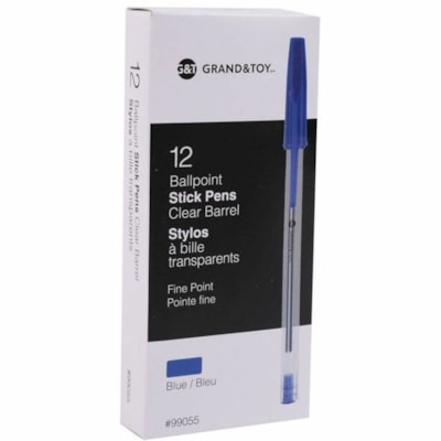 Grand & Toy Premium Ballpoint Pens, Blue, Fine, 12/Box - Fine Round Pen Point - Blue Ink - Blue Barrel - 12 / Box PREMIUM TUNGSTEN CARBIDE BALL NON-CLOGGING INK NON-REFILLABL