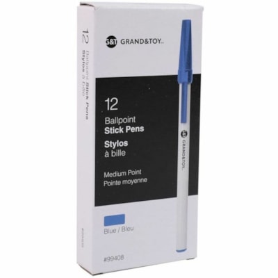 Grand & Toy Premium Ballpoint Stick Pens, Blue, Medium, 12 Each/BX - Medium Round Pen Point - Blue Ink - White Barrel - 12 / Box WHITE ROUND BARREL DISPOSABLE 