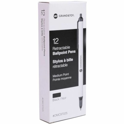 Grand & Toy Retractable Ballpoint Pens, Black, Medium 1.0 mm, 12/BX - 1 mm (0.04") Medium Round Pen Point - Retractable - Black Ink - White Barrel - 12 / Box BLACK REPLACED 97025 