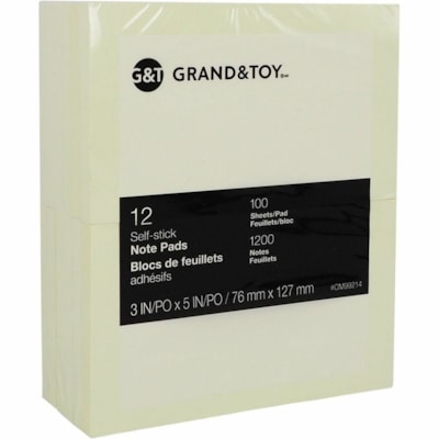 Grand & Toy - Feuillets autoadhésifs jaune, non lignés, 3 po x 5 po, blocs de 100 feuillets - largeur de drapeau/note 5 po (127 mm) x longueur de drapeau/note 3 po (76,20 mm) - Rectangulaires - 100 Feuilles par bloc - Jaune - Papier - Autocollant, Sans résidus, Repositionnables, AMOVIBLES  COLLENT À LA 100/BLOC  REMPLACE 99141