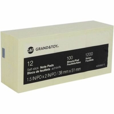 Grand & Toy - Feuillets autoadhésifs jaune, non lignés, 1 1/2 po x 2 po, blocs de 100 feuillet - largeur de drapeau/note 2 po (50,80 mm) x longueur de drapeau/note 1 1/2 po (38,10 mm) - Rectangulaires - 100 Feuilles par bloc - Jaune - Papier - Autocollant, Sans résidus, Repositi JAUNE  REMPLACE 99139 