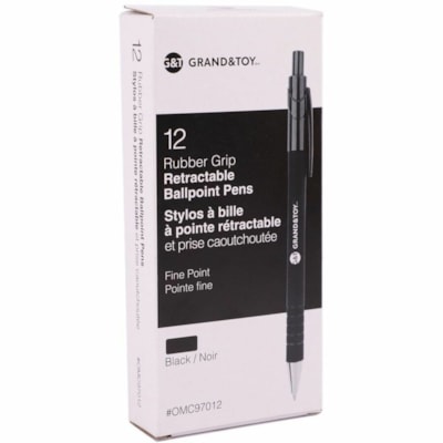 Grand & Toy Rubber Barrel Retractable Ballpoint Pens, Black, Fine, 0.7 mm, 12/BX - 0.7 mm (0.03") Fine Round Pen Point - Retractable - Black Ink - Black Barrel - 12 / Box BLACK  REPLACED 97012 
