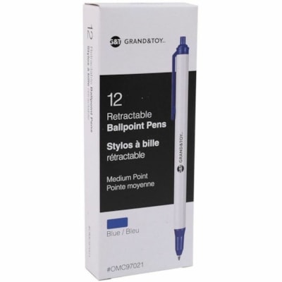 Grand & Toy Retractable Ballpoint Pens, Blue, Medium 1.0 mm, 12/BX - 1 mm (0.04") Medium Round Pen Point - Retractable - Blue Ink - White Barrel - 12 / Box BLUE REPLACED 97021 