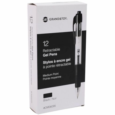 Grand & Toy - Stylos à encre gel à pointe rétractable, noir, pointe moyen - 0,7 mm (0,03 po) Moyenne Pointe de stylo - Rétractable - Ink Noir - A base de gel - Barrel clair - 12 / boîte REMPLACE 99350 