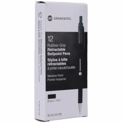 Grand & Toy Rubber Barrel Retractable Ballpoint Pens, Black, Medium, 1.0 mm, 12/BX - 1 mm (0.04") Medium Round Pen Point - Refillable - Retractable - Black Ink - Black Barrel - 12 / Box NON SLIP GRIP REFILLABLE ROUNDEDGE REPLACED 99198