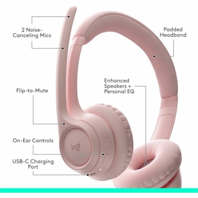 Logitech Zone 300 Headset - Stereo - Wireless - Bluetooth - 98.4 ft (30 m) - 50 Hz to 20 kHz - Over-the-head - Binaural - Supra-aural - Noise Cancelling Microphone - Rose  