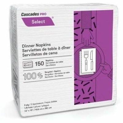 Cascades PRO Dinner Napkins, 1/8 Fold - 2 Ply - 1/8 Fold - White - Fiber 1/8 FOLD 2-PLY WHITE 150X20PK 16"X15"