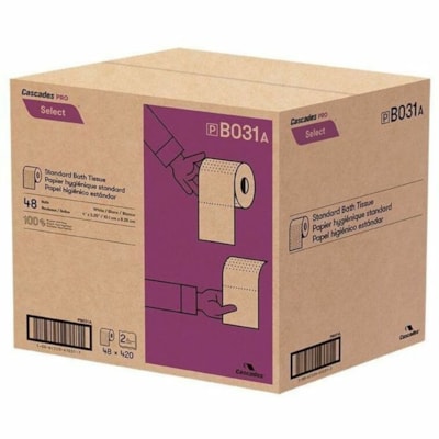 Cascades PRO Standard Bathroom Tissue - For Toilet, Bathroom, Industry, Education, Food Service, Retail - Ready-To-Use - Wipe - 4" (101.60 mm) Length x 3.25" (82.55 mm) Width - Hygienic, Soft - White - 420/Roll - 48 / Pack BT SELECT 4X3.25 48/420/2 WH 