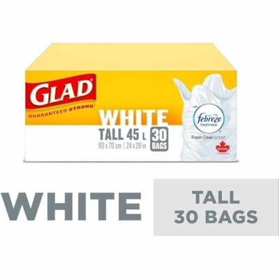 Glad Easy-Tie Trash Bag - 11.89 gal (45000 mL) Capacity - Tie Closure - White - Plastic - Garbage, Kitchen - 12 / Pack FEBREZE FRESH CLEAN SCENT TALL 