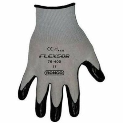 RONCO Flexsor 76-400 Work Gloves - Nitrile Coating - Small Size - Nylon - Black, Gray - Reusable, Excellent Grip, Comfortable, Abrasion Resistant, Breathable, Soft, Seamless, Flexible, Knit Wrist - For Assembly, Shipping, Machinery, General Trade, Warehouse, Finished Goods, Carpentry, Stocking, Cabl SMALL NITRILE COATED NYLON GLOVES