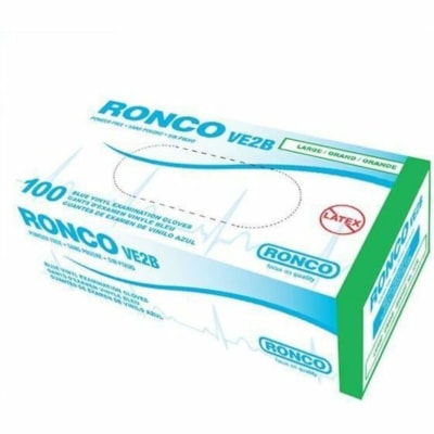 RONCO VE2B Examination Gloves - 4 mil (0.10 mm) Thickness - Allergy Protection - Small Size - Vinyl - Blue - Powder-free, Disposable, Lightweight, Comfortable, Flexible, Latex-free, Water Resistant - For Automotive, Electronic, Food Service, Industrial, Manufacturing, Printing, Beauty Salon, Hospita BLUE EXAM GLOVES POWDER FREE 