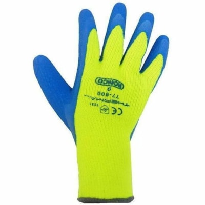 RONCO - Gants de travail thermiques enduits de latex THERMAL - Transfert thermique, Mouillé Protection - Latex froissé Revêtement - Petit Taille - Terry acrylique - Bleu, Jaune - Résistant au froid, Confortable, Excellente adhérence, Souple, Léger, Haute visibilit&  