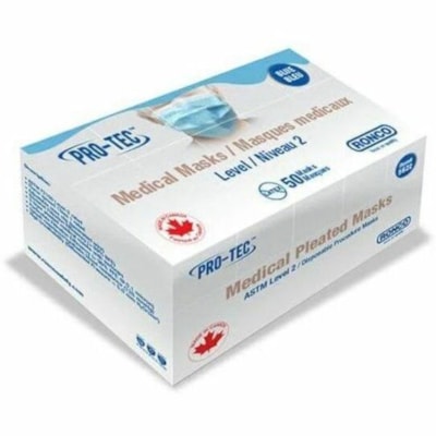 RONCO Pro-Tec 3 ply Pleated Masks, ASTM Level-2 - Recommended for: Dental, Laboratory, Clinic, Medical, Examination, Waste Management, Cleanroom, Food Handling, Hospital, Cosmetology, Home - One Size - Bacteria, Particulate, Fluid, Solid/Liquid Aerosol, Airborne Particle, Microorganism Protection -  5/SLEEVE PACK OF 20 SLEEVES 