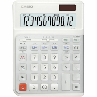 Casio Simple Calculator - Ergonomic Design, Heavy Duty, Extra Large Display, 3-digit Comma, Durable, Plastic Key, Decimal Point Selector Switch, Rounding Selector, Non-slip Rubber Feet, Key Rollover, 4-Key Memory - 1 Line(s) - 12 Digits - LCD - Battery/Solar Powered - 1 x CR2025 - 1.4" Height x 5.5" WHITE  PREMIUM DESK STYLE ERGONOMIC DESIGN  CASE   KEYS