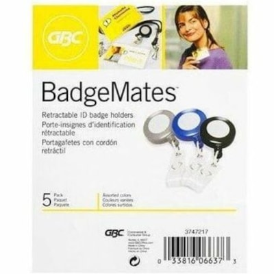 GBC Badgemates Badge Holder - Plastic, Metal, Vinyl, Nylon - Clear, Black, Blue, Gray - Retractable Cord, Durable, Pocket Clip, Secure - 5 / Pack 2 BLK 2 BLU AND 1 GREY 5/PK 