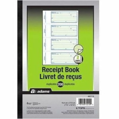 Adams Receipt Book - 2 Part - Carbonless Copy - 7 5/8" (19.4 cm) x 10 7/8" (27.6 cm) Sheet Size - White, Yellow Sheet(s) 2PT  BILINGUAL  200 DUPLICATES 7-5/8" X 10-7/8"