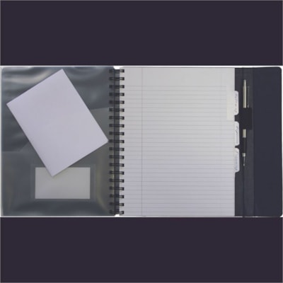Cambridge Archiving Notebook - 100 Sheets - Twin Wirebound - 9.50" (241.30 mm) Height x 7.87" (199.90 mm) Width x 0.87" (22.10 mm) Depth - White Paper - Black Binding - Gray, Blue Cover - Flap, Hard Cover, Perforated, Magnetic Closure, Pen Loop, Pocket, Archival, Adhesive Tab RULED PERF. SHEETS HARD COVER MAG. CLOSE  PEN LOOP