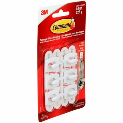 Command Hook - 6 Hooks - 8 oz (226.80 g) Capacity - for Apartment, Dorm, Glass, Home, Office, Paint, Tile, Tool, Wall, Wood - Plastic - White 6HOOKS 8STRIPS PER PACK HOLDS UP TO .5LBS