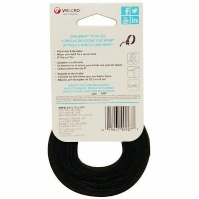 VELCRO® One-Wrap Cable Tie - Hook & Loop Tape - Black - 25 / Pack - 8" Length - Nylon 8IN X 1/2IN. BLACK. 25 CT 