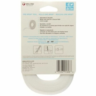 VELCRO® One-Wrap Hook & Loop Fastener - 12 ft (3.7 m) Length x 0.75" (19.1 mm) Width - White - For Bundling, Indoor, Cable, Tools, Outdoor, Electronic, Wire, Home, Worksite, Office, Cord - 1 / Roll ROLL 12FT X 3/4IN. WHITE 