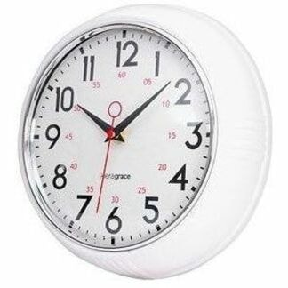 Kiera Grace Wall Clock - Quartz - White Main Dial - White Case - Chrome - Retro Style CHROME BEZEL AND CONVEX GLASS 2.5" DEEP