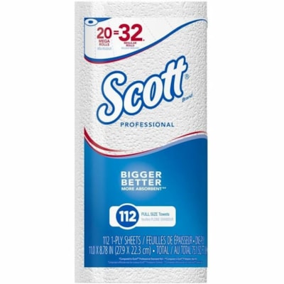 Scott - SCOTT PRO TOWEL ROLL 20X112SHT - 1 Pli - largeur de 8,70 po (220,98 mm) x longueur de 11 po (279,40 mm) - 112 Feuilles/Rouleau - diamètre du rouleau 4,90 po (124,46 mm) - Blanc - Papier, Fibre vierge - 20 / Carton KITCHEN TOWEL 1 PLY FULL SIZE 11X8.78