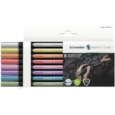 Schneider - Marqueur de peinture Paint-It - 2 mm (0,08 po) Ogive, 1 mm (0,04 po) Pointe de marqueur - Ink Métallique vintage rouge, Rose, Argent métallisé, Cuivre métallique, Or métal - Liquide - Barrel Noir Bioplastique - 8 / emballage LARGEUR DE TRAIT : 1-2 MM ÉTUI  8 COULEURS VARIÉES