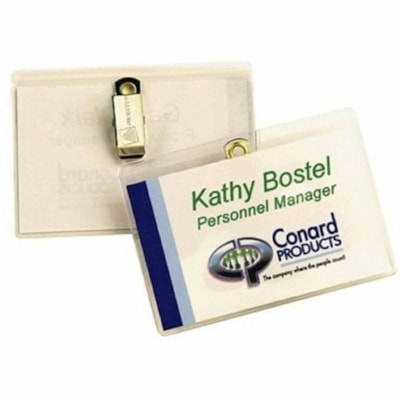 Avery Garment-Friendly Clip-Style Name Badge Kit, White, 4" x 3" , 24/BX - 3" (76.20 mm) Width x 4" (101.60 mm) Height - Insertable, Reusable, PVC-free, Durable, Swivel - Clear, White - 24 / Box 24/BX - 8 SHTS/BX  3/SHT 