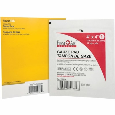 First Aid Central Gauze Pads, Sterile (4" x 4"), 6 per Bag - 12 Ply - 4" (101.60 mm) Width x 4" (101.60 mm) Length - 6 / Bag 10.2CM X 10.2CM (4" X 4") 6 PER BAG - REFILL COMPONENT