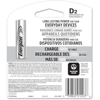 Energizer Recharge Universal Rechargeable D Batteries - For Multipurpose - Battery Rechargeable - D - 2500 mAh - 2 / Pack FED GOV'T 