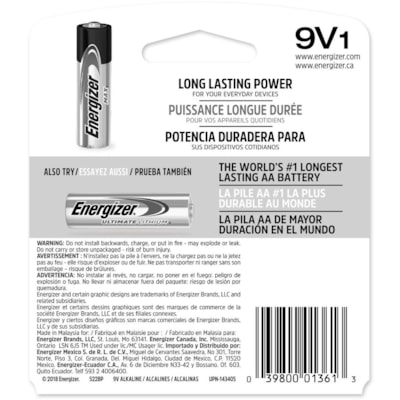 Energizer MAX Alkaline 9 Volt Batteries - For Multipurpose - 9V - 595 mAh - 9 V DC - 1 / Pack LONG LIFE ALKALINE 100% MERCURY FREE
