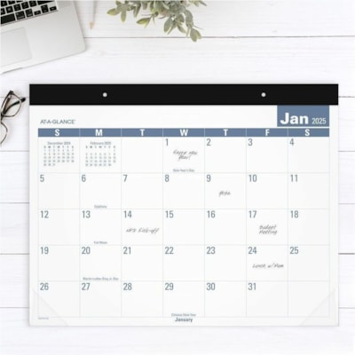 At-A-Glance 2025 Easy to Read Desk Pad, Standard, 21 3/4" x 17" - Standard - Monthly - 12 Month - January 2025 to December 2025 - 1 Month Single Page Layout - 21 3/4" (552.45 mm) x 17" (431.80 mm) Sheet Size - White Sheet - 2 x Holes - 2.50" (63.50 mm) x 2.31" (58.74 mm) Block - Headband - Desk Pad  MONTHLY DESK PAD ENGLISH ONLY