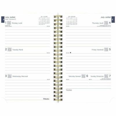 Blueline Academic Weekly Planner Geo 2024-2025, Bilingual - Academic - Weekly, Monthly - 13 Month - July 2024 to July 2025 - 1 Week Double Page Layout - 5" (127 mm) x 8" (203.20 mm) Sheet Size - Twin Wire - Paper - Poly Cover - Monthly Planner, Ruled, Sticker Sheet, Tear-off, Bilingual, Moon Phases,  