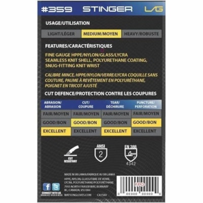 Stealth Stinger Work Gloves - Dirt, Debris Protection - X-Large Size - Lycra, Polyethylene - Cut Resistant, Snug Fit, Ergonomic, Lightweight, Durable - For Metal Fabrication, Construction, Manufacturing - 1 / Unit POLYURETHANE COATING  ANSI A2 SIZE X-LARGE