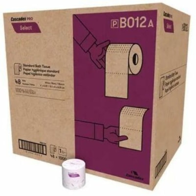 Cascades PRO - Papier hygiénique B012 - 1 Pli - largeur de 4,20 po (106,68 mm) x longueur de 3,80 po (96,52 mm) - 1000 Feuilles/Rouleau - Blanc - Papier - 48 Rouleaux paremballage 4"X3.25" 1000 FEUILS/ROUL 1PLI 