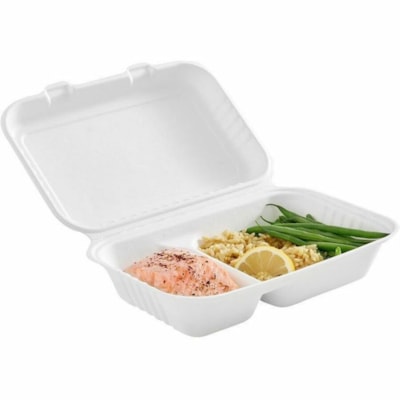 Globe - Boîte de stockage 6016 - Alimentaire, Stockage des aliments - Jetable - Adapté au micro-ondes - Oven Safe - Blanc - Fibre de canne à sucre, Bagasse Corps - 200 / Étui 9 X 9 PO  COUVERCLE ARTICULÉ COMPOSTABLES