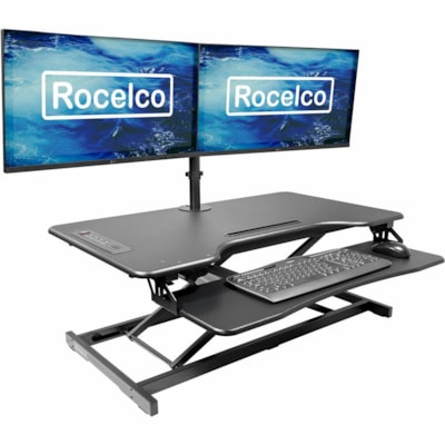 Rocelco Electric Desk Riser 37.4" Wide black + Dual Monitor Arm - Black iser/Standing Desk Converter-D bl monitor