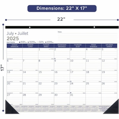 Blueline 2025-2026 DuraGlobe 13-Month Academic Desk Pad/Calendar - July to July - 22" x 17" - Bilingual - Academic - Monthly - 13 Month - July 2025 to July 2026 - 1 Month Single Page Layout - 22" (558.80 mm) x 17" (431.80 mm) Sheet Size - 2 x Holes - Desk Pad - Bamboo Fiber, Paper, Chipboard - Holid  