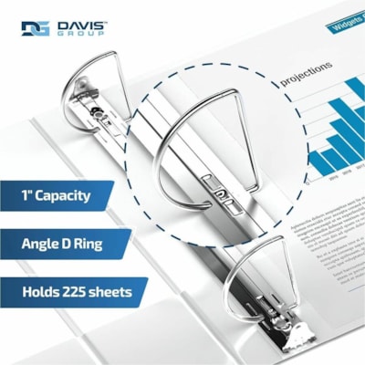 Davis Group Premium Economy, Angle D Ring, Binder, 6 Pack (White, 1") - Letter - 8 1/2" (215.90 mm) x 11" (279.40 mm) Sheet Size - 225 Sheet Capacity - 3 x 1" (25.40 mm) Ring(s) - Fastener(s): D-Ring - Pocket(s): 2, Internal - Polypropylene - White - 5.15 lb (2336 g) - Spine Label - 6 / Pack  