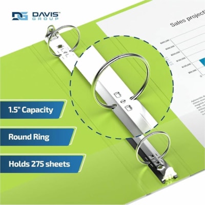 Davis Premium Economy, Round Ring, Binder, 6 Pack (Lime Green, 1.5") - Letter - 8 1/2" (215.90 mm) x 11" (279.40 mm) Sheet Size - 275 Sheet Capacity - 3 x 1.50" (38.10 mm) Ring(s) - Fastener(s): Round Ring - Pocket(s): 2, Internal - Polypropylene - Lime Green - 6.25 lb (2834.95 g) - Spine Label, PVC een 