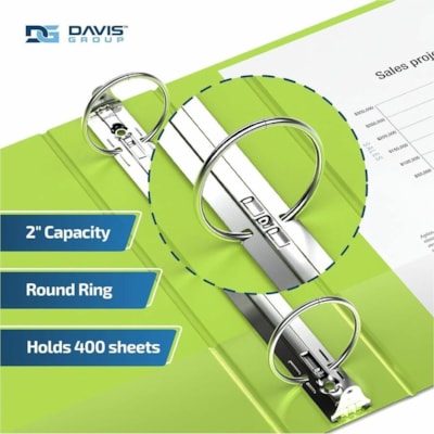 Davis - Reliure à anneaux 2313-24-06 - format lettre - format 8 1/2 po (215,90 mm) x 11 po (279,40 mm) - 400 Capacité en feuilles - 3 x 2 po (50,80 mm) Ring(s) - Fastener(s) : Anneau rond - Pocket(s) : 2, Interne - Polypropylène - Lime - 7,60 lb (3447,30 g) - Étiquette dos, Sans P n 