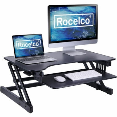 Rocelco 32"W-16.75"H Adjustable Desk Riser-Medium Anti Fatigue Mat - Black le Desk Riser-Medium Anti Fati gue Mat