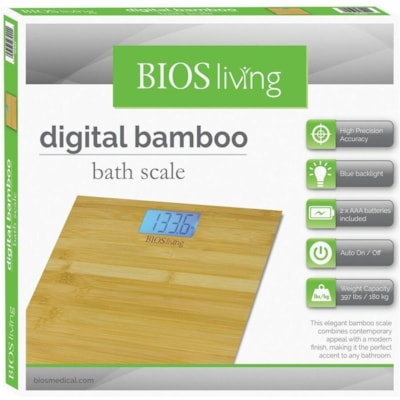 BIOS Living Bamboo Digital Scale - 397 lb (180076.17 g) / 396.83 lb (180000 g) Maximum Weight Capacity 396 LBS CAPACITY 2.9  X 1   / 7.4 X 3.8 CM