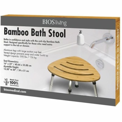 BIOS Medical Bamboo Bath Stool - Bamboo Seat Material - Light Brown - 1 / Unit RUST FREE ALUMINUM LEGS WEIGHT CAPACITY 300LBS