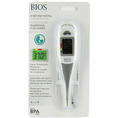 Bios Diagnostics Jumbo, 5 Second, Thermometer with Fever Glow - Large Display, Fever Alarm, Memory Recall, Auto-off, Digital Display, Visual Temperature Reference, BPA Free - For Fever, Children, Oral, Rectal, Underarm WITH FEVER GLOW 