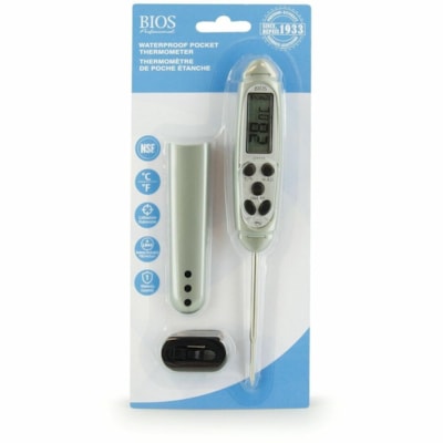 BIOS Professional Waterproof Pocket Thermometer - 40°F (-40°C) to 446°F (230°C) - Water Proof, Dishwasher Safe, Calibrated, Memory Function, Easy to Read, On/Off Switch, Waterproof Probe - For Food - Gray WATERPROOF RESPONSE TIME 5 SECONDS